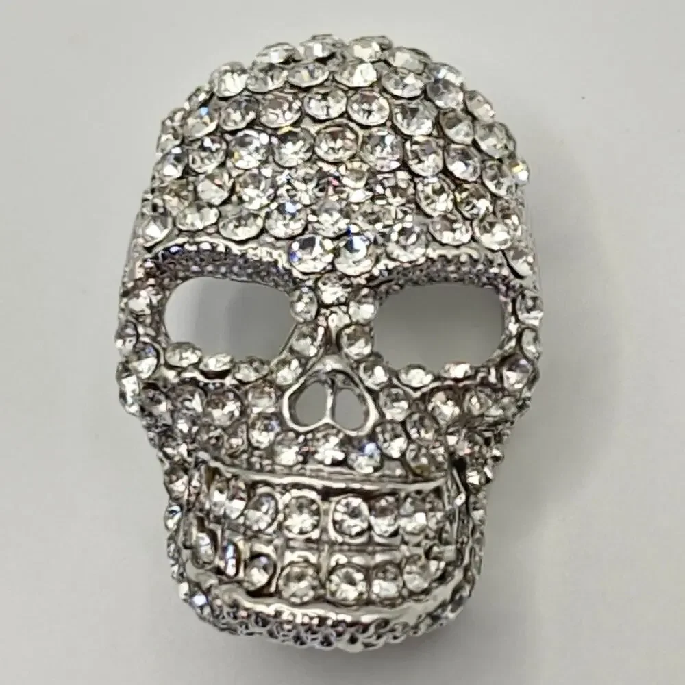 Rhinestone Skull Brooch Clear on Silver Tone Metal Goth Halloween